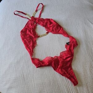 Victoria's Secret Red Lace Bodysuit with Gold Accents